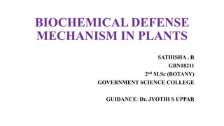 BIOCHEMICAL DEFENSE
MECHANISM IN PLANTS
SATHISHA . R
GBN18211
2nd M.Sc (BOTANY)
GOVERNMENT SCIENCE COLLEGE
GUIDANCE: Dr. JYOTHI S UPPAR
 