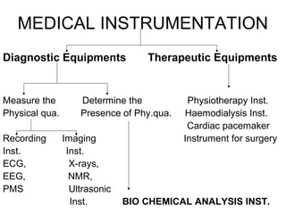 MEDICAL INSTRUMENTATION
Diagnostic Equipments              Therapeutic Equipments


Measure the         Determine the           Physiotherapy Inst.
Physical qua.       Presence of Phy.qua.   Haemodialysis Inst.
                                            Cardiac pacemaker
Recording       Imaging                    Instrument for surgery
Inst.            Inst.
ECG,              X-rays,
EEG,              NMR,
PMS               Ultrasonic
                  Inst.        BIO CHEMICAL ANALYSIS INST.
 