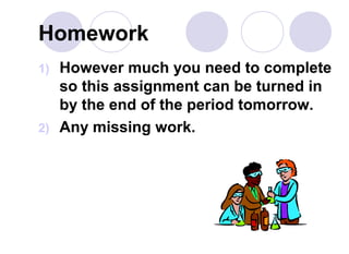 Homework
1) However much you need to complete
so this assignment can be turned in
by the end of the period tomorrow.
2) Any missing work.
 