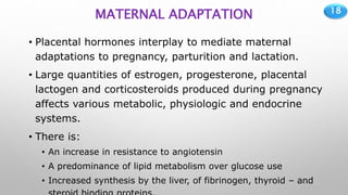 18
MATERNAL ADAPTATION
• Placental hormones interplay to mediate maternal
adaptations to pregnancy, parturition and lactation.
• Large quantities of estrogen, progesterone, placental
lactogen and corticosteroids produced during pregnancy
affects various metabolic, physiologic and endocrine
systems.
• There is:
• An increase in resistance to angiotensin
• A predominance of lipid metabolism over glucose use
• Increased synthesis by the liver, of fibrinogen, thyroid – and
 
