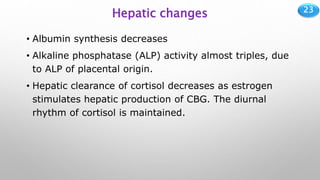 23
Hepatic changes
• Albumin synthesis decreases
• Alkaline phosphatase (ALP) activity almost triples, due
to ALP of placental origin.
• Hepatic clearance of cortisol decreases as estrogen
stimulates hepatic production of CBG. The diurnal
rhythm of cortisol is maintained.
 