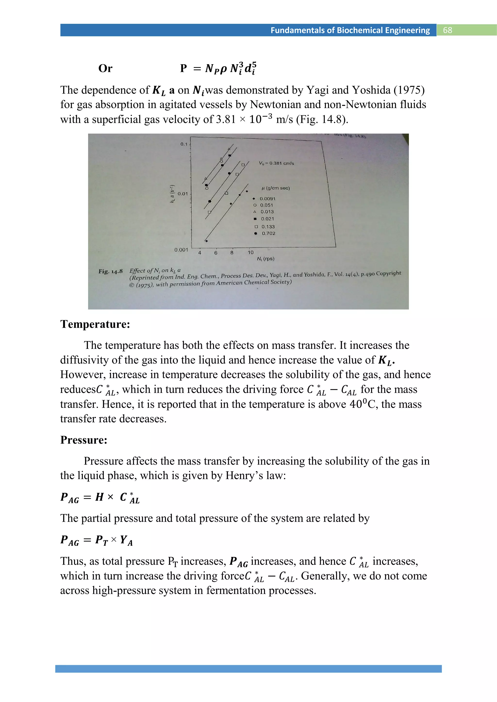 68Fundamentals of Biochemical Engineering
Or P = 𝑵 𝑷 𝝆 𝑵𝒊
𝟑
𝒅𝒊
𝟓
The dependence of 𝑲 𝑳 a on 𝑵𝒊was demonstrated by Yagi and Yoshida (1975)
for gas absorption in agitated vessels by Newtonian and non-Newtonian fluids
with a superficial gas velocity of 3.81 × 10−3
m/s (Fig. 14.8).
Temperature:
The temperature has both the effects on mass transfer. It increases the
diffusivity of the gas into the liquid and hence increase the value of 𝑲 𝑳.
However, increase in temperature decreases the solubility of the gas, and hence
reduces𝐶 𝐴𝐿
∗
, which in turn reduces the driving force 𝐶 𝐴𝐿
∗
− 𝐶𝐴𝐿 for the mass
transfer. Hence, it is reported that in the temperature is above 400
C, the mass
transfer rate decreases.
Pressure:
Pressure affects the mass transfer by increasing the solubility of the gas in
the liquid phase, which is given by Henry’s law:
𝑷 𝑨𝑮 = 𝑯 × 𝑪 𝑨𝑳
∗
The partial pressure and total pressure of the system are related by
𝑷 𝑨𝑮 = 𝑷 𝑻 × 𝒀 𝑨
Thus, as total pressure PT increases, 𝑷 𝑨𝑮 increases, and hence 𝐶 𝐴𝐿
∗
increases,
which in turn increase the driving force𝐶 𝐴𝐿
∗
− 𝐶𝐴𝐿. Generally, we do not come
across high-pressure system in fermentation processes.
 