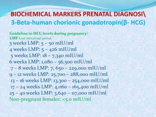 BIOCHEMICAL MARKERS PRENATAL DIAGNOSI
3-Beta-human chorionic gonadotropin(β- HCG)
3 weeks LMP: 5 – 50 mIU/ml
4 weeks LMP: 5 – 426 mIU/ml
5 weeks LMP: 18 – 7,340 mIU/ml
6 weeks LMP: 1,080 – 56,500 mIU/ml
7 – 8 weeks LMP: 7, 650 – 229,000 mIU/ml
9 – 12 weeks LMP: 25,700 – 288,000 mIU/ml
13 – 16 weeks LMP: 13,300 – 254,000 mIU/ml
17 – 24 weeks LMP: 4,060 – 165,400 mIU/ml
25 – 40 weeks LMP: 3,640 – 117,000 mIU/ml
Non-pregnant females: <5.0 mIU/ml
Guideline to HCG levels during pregnancy/
LMP Last menstrual period
 