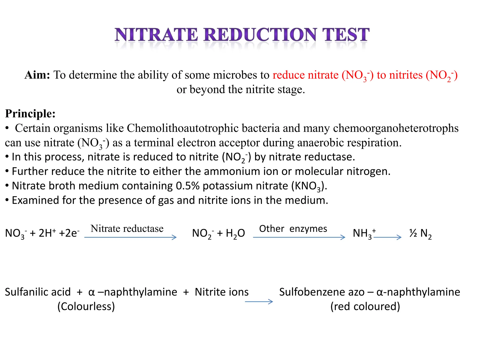 Aim: To determine the ability of some microbes to reduce nitrate (NO3
-) to nitrites (NO2
-)
or beyond the nitrite stage.
Principle:
• Certain organisms like Chemolithoautotrophic bacteria and many chemoorganoheterotrophs
can use nitrate (NO3
-) as a terminal electron acceptor during anaerobic respiration.
• In this process, nitrate is reduced to nitrite (NO2
-) by nitrate reductase.
• Further reduce the nitrite to either the ammonium ion or molecular nitrogen.
• Nitrate broth medium containing 0.5% potassium nitrate (KNO3).
• Examined for the presence of gas and nitrite ions in the medium.
NO3
- + 2H+ +2e- Nitrate reductase NO2
- + H2O Other enzymes NH3
+ ½ N2
Sulfanilic acid + α –naphthylamine + Nitrite ions Sulfobenzene azo – α-naphthylamine
(Colourless) (red coloured)
 