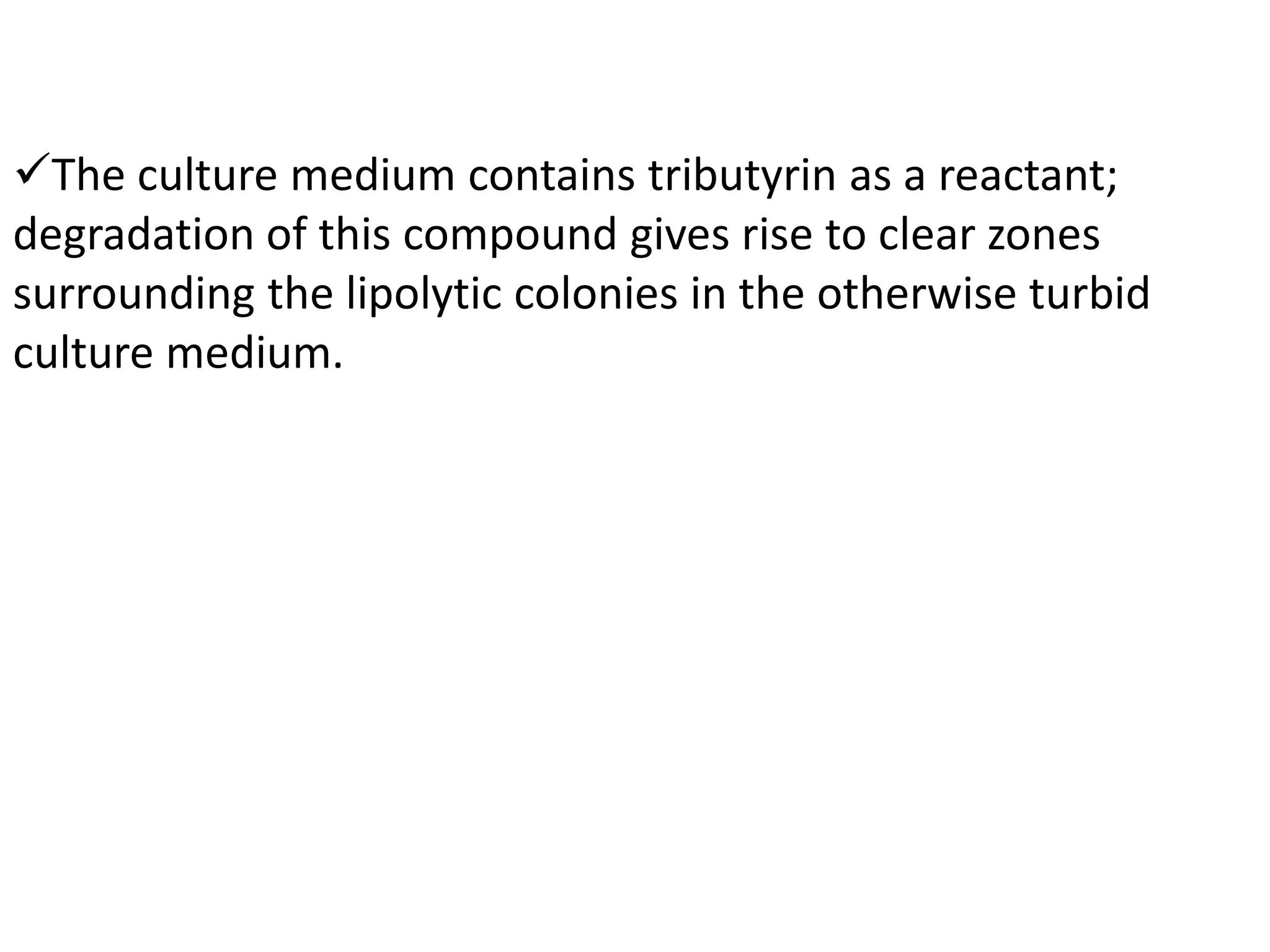 The culture medium contains tributyrin as a reactant;
degradation of this compound gives rise to clear zones
surrounding the lipolytic colonies in the otherwise turbid
culture medium.
 