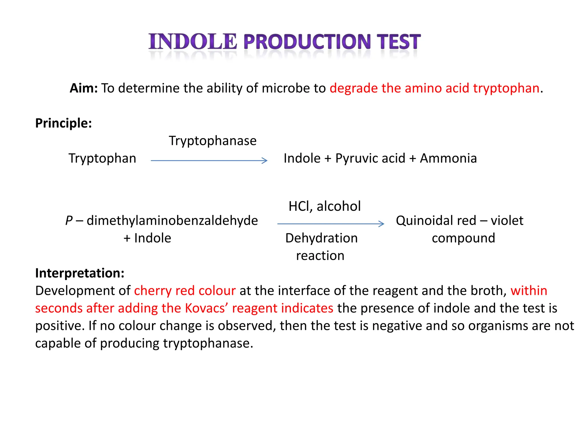 Aim: To determine the ability of microbe to degrade the amino acid tryptophan.
Principle:
Tryptophanase
Tryptophan Indole + Pyruvic acid + Ammonia
HCl, alcohol
P – dimethylaminobenzaldehyde Quinoidal red – violet
+ Indole Dehydration compound
reaction
Interpretation:
Development of cherry red colour at the interface of the reagent and the broth, within
seconds after adding the Kovacs’ reagent indicates the presence of indole and the test is
positive. If no colour change is observed, then the test is negative and so organisms are not
capable of producing tryptophanase.
 
