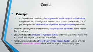 Contd.
• Principle
• – To determine the ability of an organism to attack a specific carbohydrate
incorporated into a basal growth medium, with or without the production of
gas, along with the determination of possible hydrogen sulphide production.
• When the carbohydrates are fermented, acid production is detected by the Phenol
Red pH indicator.
• SodiumThiosulfate is reduced to hydrogen sulfide, and hydrogen sulfide reacts with
an iron salt yielding the typical black iron sulfide.
• Ferric Ammonium Citrate is the hydrogen sulfide (H2S) indicator. Sodium Chloride
maintains the osmotic balance of the medium. Agar is the solidifying agent
 
