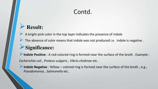 Contd.
Result:
 A bright pink color in the top layer indicates the presence of indole
 The absence of color means that indole was not produced i.e. indole is negative .
Significance:
Indole Positive : A red-colored ring is formed near the surface of the broth . Example :
Escherichia coli , Proteus vulgaris , Vibrio cholerae etc .
Indole Negative : Yellow – colored ring is formed near the surface of the broth , e.g.,
Pseudomonas , Salmonella etc .
 