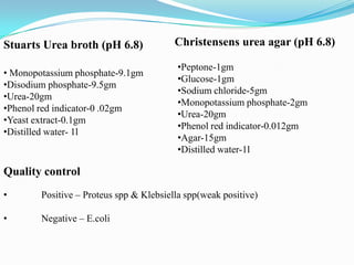 Stuarts Urea broth (pH 6.8)
• Monopotassium phosphate-9.1gm
•Disodium phosphate-9.5gm
•Urea-20gm
•Phenol red indicator-0 .02gm
•Yeast extract-0.1gm
•Distilled water- 1l

Christensens urea agar (pH 6.8)
•Peptone-1gm
•Glucose-1gm
•Sodium chloride-5gm
•Monopotassium phosphate-2gm
•Urea-20gm
•Phenol red indicator-0.012gm
•Agar-15gm
•Distilled water-1l

Quality control
•

Positive – Proteus spp & Klebsiella spp(weak positive)

•

Negative – E.coli

 