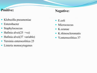 Positive:

Negative:

 Klebseilla pneumoniae

 E.coli

 Enterobacter

 Micrococcus

 Staphylococcus

 K.ozanae

 Hafinia alvei(25 +ve)

 K.rhinoscleromatis

 Hafinia alvei(37 variable)

 Y.enterocolitica 37

 Yersinia enterocolitica 25
 Listeria monocytogenes

 