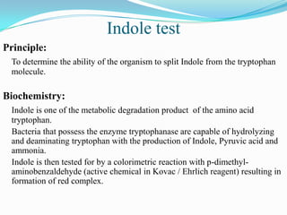 Indole test
Principle:
To determine the ability of the organism to split Indole from the tryptophan
molecule.

Biochemistry:
Indole is one of the metabolic degradation product of the amino acid
tryptophan.
Bacteria that possess the enzyme tryptophanase are capable of hydrolyzing
and deaminating tryptophan with the production of Indole, Pyruvic acid and
ammonia.
Indole is then tested for by a colorimetric reaction with p-dimethylaminobenzaldehyde (active chemical in Kovac / Ehrlich reagent) resulting in
formation of red complex.

 