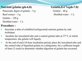 Nutrient gelatin (ph-6.8)
Pancreatic digest of gelatin – 5 g
Beef extract – 3 g
Gelatin – 120 g
Distilled water – 1 L

Gelatin,0.4 %(ph-7.0)
Gelatin – 40 g
Distilled water – 1 L

Procedure :





Inoculate a tube of solidified (refrigerated) nutrient gelatin by stab
technique.
Incubate the inoculated tube and a control gelatin tube at 37º C at which
temperature ,the gelatin will liquefy.
At the end of each 24-hour incubation period, place the inoculated tube and
the control tube of liquefied gelatin in a refrigerator, for a sufficient length
of time (2 week) to determine whether digestion of gelatin has occurred.

 