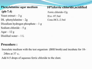 Phenylalanine agar medium
(ph-7.4)

10%ferric chloride,acidified

Yeast extract – 3 g
DL -phenylalanine – 2g
Disodium hydrogen phosphate – 1 g
Sodium chloride – 5 g
Agar – 12 g
Distilled water – 1 L

D.w -97.5ml
Conc.HCL-2.5ml

Ferric chloride-12g

Procedure :
Inoculate medium with the test organism (BHI broth) and incubate for 1824hrs at 37 c.
Add 4-5 drops of aqueous ferric chloride to the slant.

 