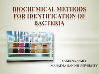 SAKEENA ASMI T
MAHATMA GANDHI UNIVERSITY
BIOCHEMICAL METHODS
FOR IDENTIFICATION OF
BACTERIA
 