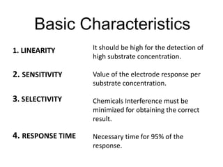 It should be high for the detection of
high substrate concentration.
Value of the electrode response per
substrate concentration.
Chemicals Interference must be
minimized for obtaining the correct
result.
Necessary time for 95% of the
response.
1. LINEARITY
2. SENSITIVITY
3. SELECTIVITY
4. RESPONSE TIME
Basic Characteristics
 