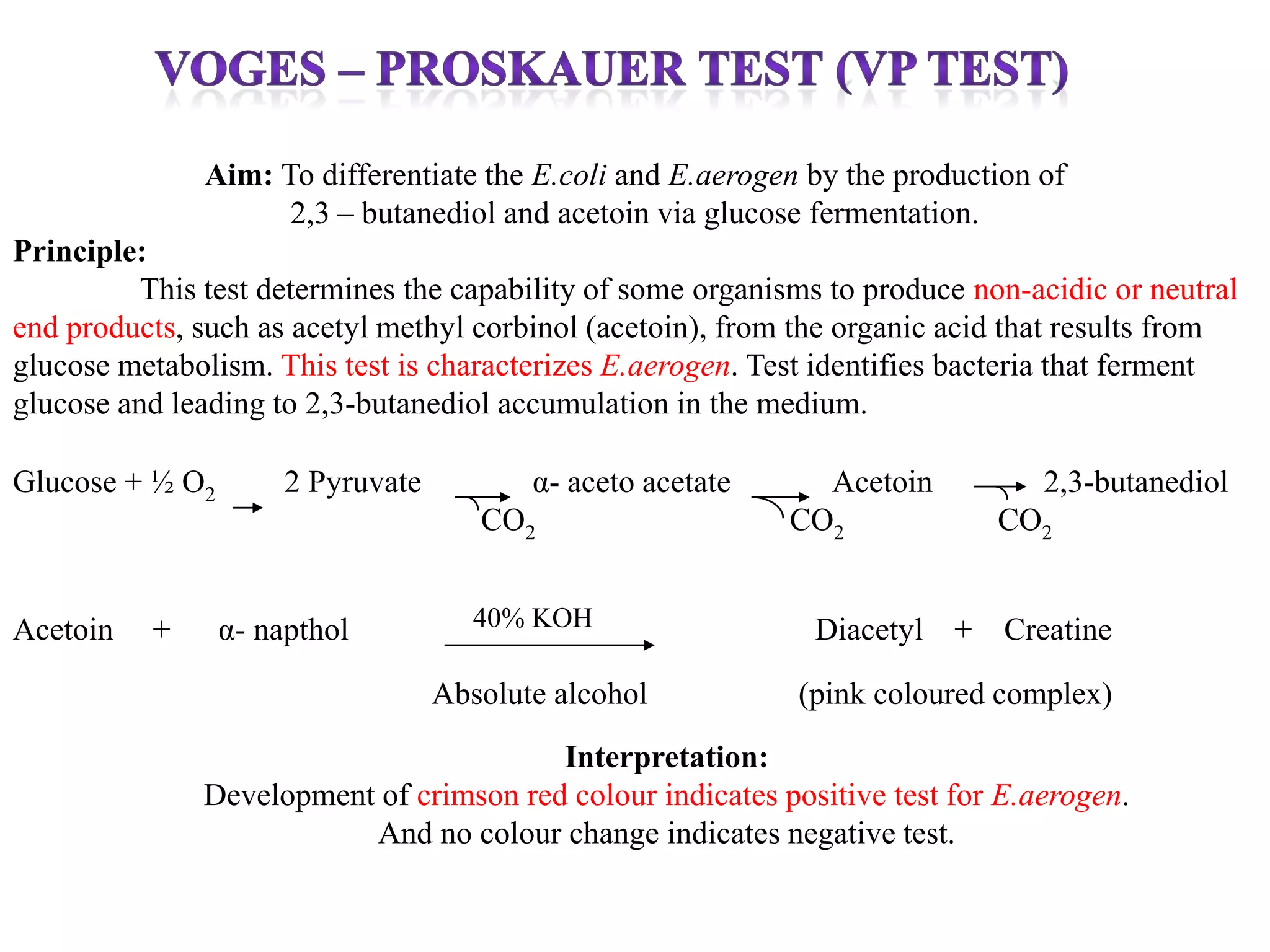Aim: To differentiate the E.coli and E.aerogen by the production of
                     2,3 – butanediol and acetoin via glucose fermentation.
Principle:
          This test determines the capability of some organisms to produce non-acidic or neutral
end products, such as acetyl methyl corbinol (acetoin), from the organic acid that results from
glucose metabolism. This test is characterizes E.aerogen. Test identifies bacteria that ferment
glucose and leading to 2,3-butanediol accumulation in the medium.

Glucose + ½ O2        2 Pyruvate          α- aceto acetate     Acetoin          2,3-butanediol
                                      CO2                    CO2             CO2


Acetoin   +      α- napthol           40% KOH                 Diacetyl +     Creatine

                                   Absolute alcohol          (pink coloured complex)
                                        Interpretation:
              Development of crimson red colour indicates positive test for E.aerogen.
                         And no colour change indicates negative test.
 