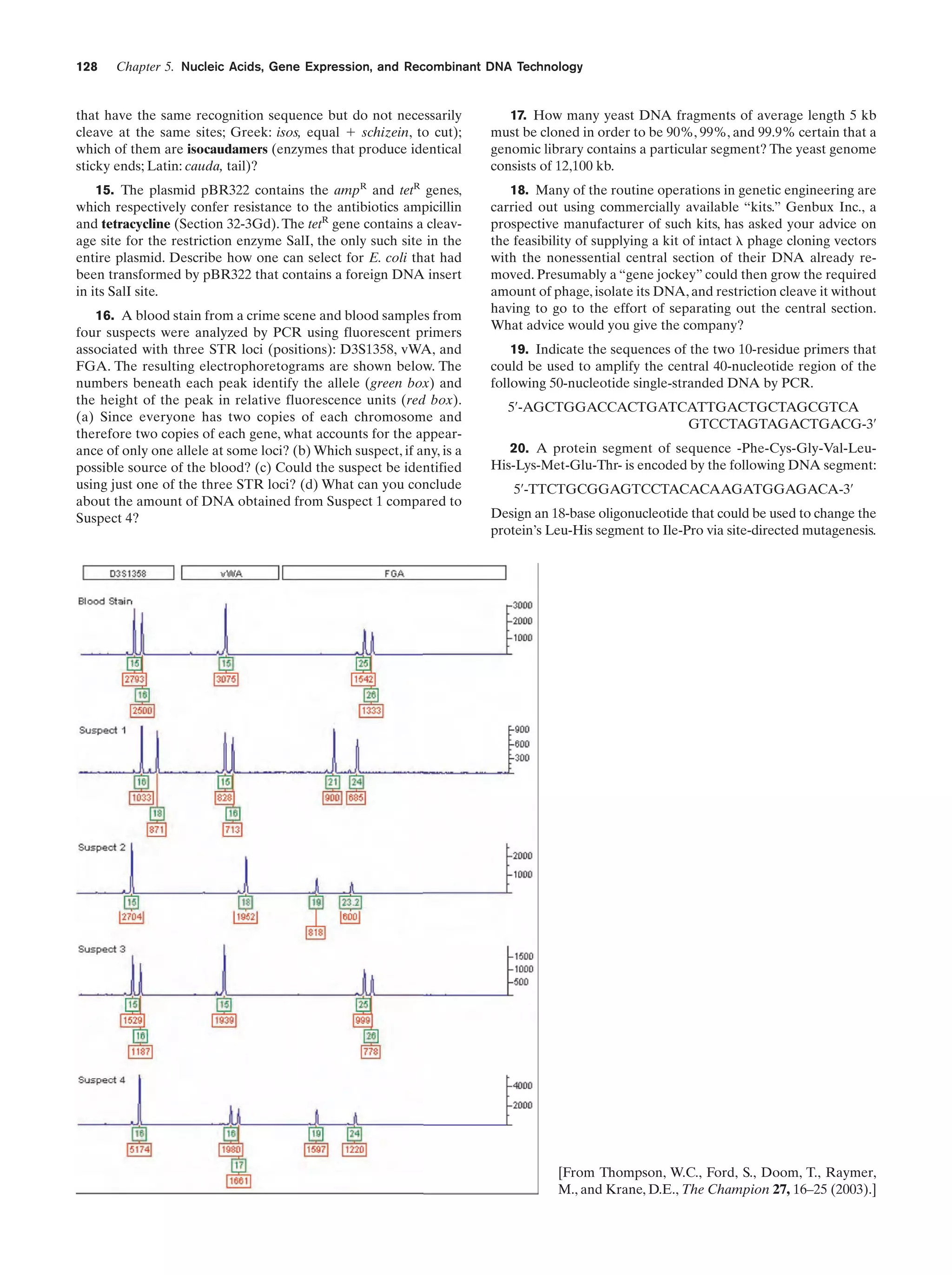 128

Chapter 5. Nucleic Acids, Gene Expression, and Recombinant DNA Technology

that have the same recognition sequence but do not necessarily
cleave at the same sites; Greek: isos, equal ϩ schizein, to cut);
which of them are isocaudamers (enzymes that produce identical
sticky ends; Latin: cauda, tail)?

17. How many yeast DNA fragments of average length 5 kb
must be cloned in order to be 90%, 99%, and 99.9% certain that a
genomic library contains a particular segment? The yeast genome
consists of 12,100 kb.

15. The plasmid pBR322 contains the ampR and tetR genes,
which respectively confer resistance to the antibiotics ampicillin
and tetracycline (Section 32-3Gd). The tetR gene contains a cleavage site for the restriction enzyme SalI, the only such site in the
entire plasmid. Describe how one can select for E. coli that had
been transformed by pBR322 that contains a foreign DNA insert
in its SalI site.

18. Many of the routine operations in genetic engineering are
carried out using commercially available “kits.” Genbux Inc., a
prospective manufacturer of such kits, has asked your advice on
the feasibility of supplying a kit of intact ␭ phage cloning vectors
with the nonessential central section of their DNA already removed. Presumably a “gene jockey” could then grow the required
amount of phage, isolate its DNA, and restriction cleave it without
having to go to the effort of separating out the central section.
What advice would you give the company?

16. A blood stain from a crime scene and blood samples from
four suspects were analyzed by PCR using fluorescent primers
associated with three STR loci (positions): D3S1358, vWA, and
FGA. The resulting electrophoretograms are shown below. The
numbers beneath each peak identify the allele (green box) and
the height of the peak in relative fluorescence units (red box).
(a) Since everyone has two copies of each chromosome and
therefore two copies of each gene, what accounts for the appearance of only one allele at some loci? (b) Which suspect, if any, is a
possible source of the blood? (c) Could the suspect be identified
using just one of the three STR loci? (d) What can you conclude
about the amount of DNA obtained from Suspect 1 compared to
Suspect 4?

19. Indicate the sequences of the two 10-residue primers that
could be used to amplify the central 40-nucleotide region of the
following 50-nucleotide single-stranded DNA by PCR.
5¿-AGCTGGACCACTGATCATTGACTGCTAGCGTCA
GTCCTAGTAGACTGACG-3¿
20. A protein segment of sequence -Phe-Cys-Gly-Val-LeuHis-Lys-Met-Glu-Thr- is encoded by the following DNA segment:
5¿-TTCTGCGGAGTCCTACACAAGATGGAGACA-3¿
Design an 18-base oligonucleotide that could be used to change the
protein’s Leu-His segment to Ile-Pro via site-directed mutagenesis.

[From Thompson, W.C., Ford, S., Doom, T., Raymer,
M., and Krane, D.E., The Champion 27, 16–25 (2003).]

 