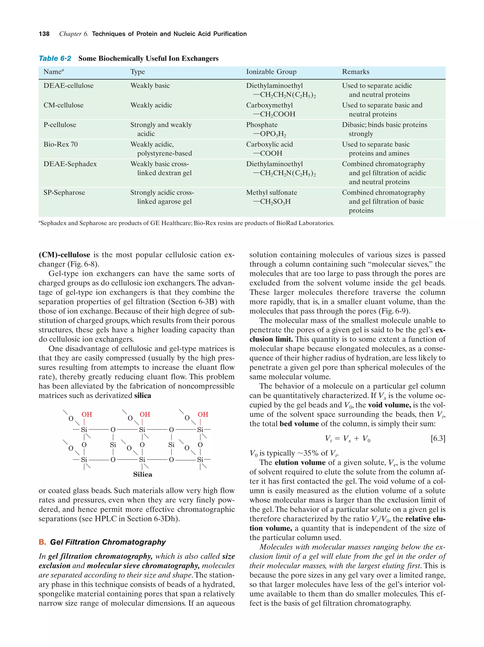 138

Chapter 6. Techniques of Protein and Nucleic Acid Purification

Table 6-2

Some Biochemically Useful Ion Exchangers

a

Name

Ionizable Group

Remarks

DEAE-cellulose

Weakly basic

Diethylaminoethyl
¬CH2CH2N(C2H5 ) 2

Used to separate acidic
and neutral proteins

CM-cellulose

Weakly acidic

Carboxymethyl
¬CH2COOH

Used to separate basic and
neutral proteins

P-cellulose

Strongly and weakly
acidic

Phosphate
¬OPO3H2

Dibasic; binds basic proteins
strongly

Bio-Rex 70

Weakly acidic,
polystyrene-based

Carboxylic acid
¬COOH

Used to separate basic
proteins and amines

DEAE-Sephadex

Weakly basic crosslinked dextran gel

Diethylaminoethyl
¬CH2CH2N(C2H5 ) 2

Combined chromatography
and gel filtration of acidic
and neutral proteins

SP-Sepharose

a

Type

Strongly acidic crosslinked agarose gel

Methyl sulfonate
¬CH2SO3H

Combined chromatography
and gel filtration of basic
proteins

Sephadex and Sepharose are products of GE Healthcare; Bio-Rex resins are products of BioRad Laboratories.

(CM)-cellulose is the most popular cellulosic cation exchanger (Fig. 6-8).
Gel-type ion exchangers can have the same sorts of
charged groups as do cellulosic ion exchangers. The advantage of gel-type ion exchangers is that they combine the
separation properties of gel filtration (Section 6-3B) with
those of ion exchange. Because of their high degree of substitution of charged groups, which results from their porous
structures, these gels have a higher loading capacity than
do cellulosic ion exchangers.
One disadvantage of cellulosic and gel-type matrices is
that they are easily compressed (usually by the high pressures resulting from attempts to increase the eluant flow
rate), thereby greatly reducing eluant flow. This problem
has been alleviated by the fabrication of noncompressible
matrices such as derivatized silica
O

OH

O

Si
O

Si

Si

O

O

O

OH

O

Si
O

O

O

Si

Si

O

OH
Si

O

O
Si

Silica

or coated glass beads. Such materials allow very high flow
rates and pressures, even when they are very finely powdered, and hence permit more effective chromatographic
separations (see HPLC in Section 6-3Dh).
B. Gel Filtration Chromatography
In gel filtration chromatography, which is also called size
exclusion and molecular sieve chromatography, molecules
are separated according to their size and shape. The stationary phase in this technique consists of beads of a hydrated,
spongelike material containing pores that span a relatively
narrow size range of molecular dimensions. If an aqueous

solution containing molecules of various sizes is passed
through a column containing such “molecular sieves,” the
molecules that are too large to pass through the pores are
excluded from the solvent volume inside the gel beads.
These larger molecules therefore traverse the column
more rapidly, that is, in a smaller eluant volume, than the
molecules that pass through the pores (Fig. 6-9).
The molecular mass of the smallest molecule unable to
penetrate the pores of a given gel is said to be the gel’s exclusion limit. This quantity is to some extent a function of
molecular shape because elongated molecules, as a consequence of their higher radius of hydration, are less likely to
penetrate a given gel pore than spherical molecules of the
same molecular volume.
The behavior of a molecule on a particular gel column
can be quantitatively characterized. If Vx is the volume occupied by the gel beads and V0, the void volume, is the volume of the solvent space surrounding the beads, then Vt,
the total bed volume of the column, is simply their sum:
Vt ϭ Vx ϩ V0

[6.3]

V0 is typically ϳ35% of Vt.
The elution volume of a given solute, Ve, is the volume
of solvent required to elute the solute from the column after it has first contacted the gel. The void volume of a column is easily measured as the elution volume of a solute
whose molecular mass is larger than the exclusion limit of
the gel. The behavior of a particular solute on a given gel is
therefore characterized by the ratio Ve/V0, the relative elution volume, a quantity that is independent of the size of
the particular column used.
Molecules with molecular masses ranging below the exclusion limit of a gel will elute from the gel in the order of
their molecular masses, with the largest eluting first. This is
because the pore sizes in any gel vary over a limited range,
so that larger molecules have less of the gel’s interior volume available to them than do smaller molecules. This effect is the basis of gel filtration chromatography.

 