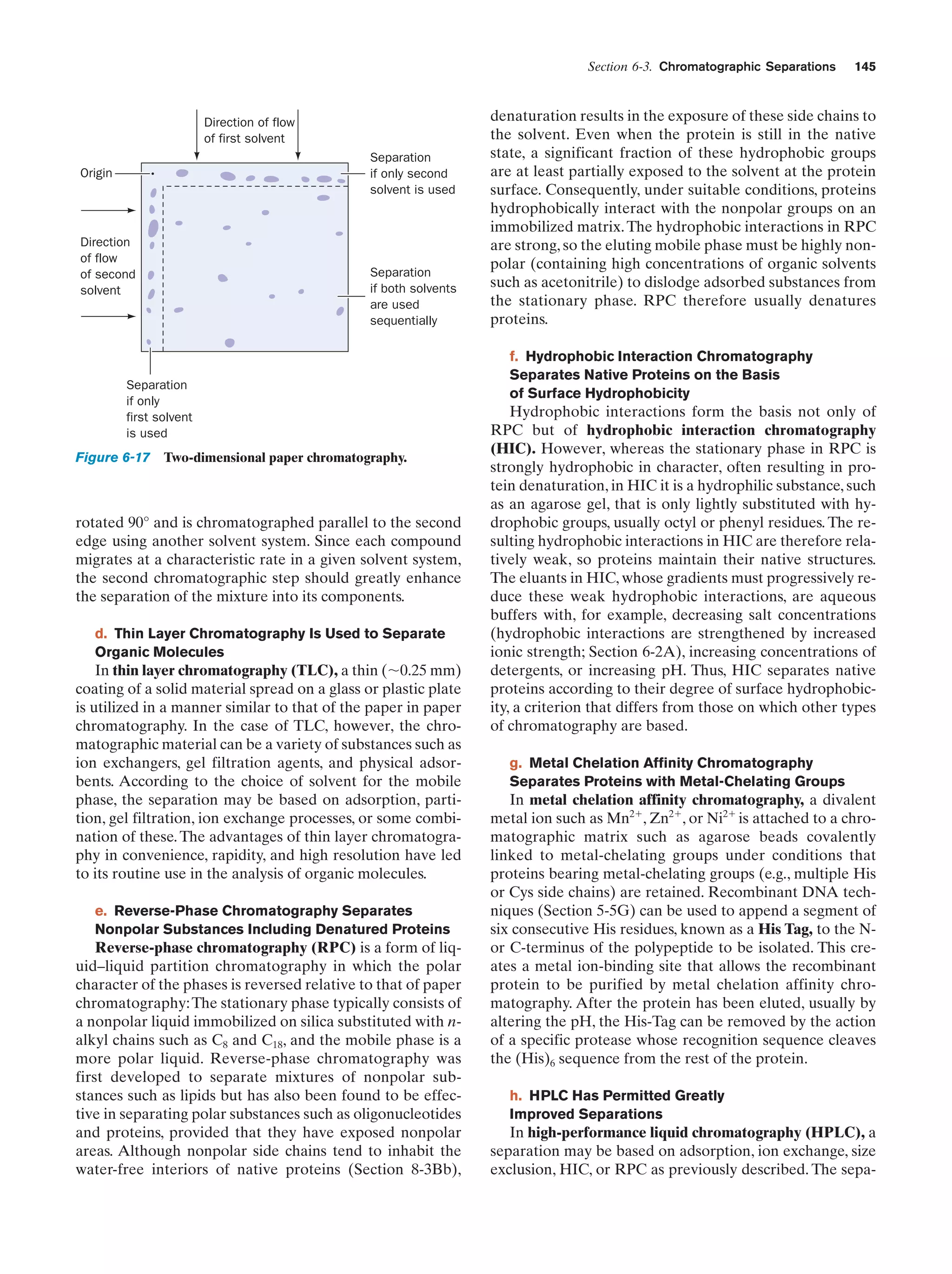 Section 6-3. Chromatographic Separations

Direction of flow
of first solvent
Separation
if only second
solvent is used

Origin

Direction
of flow
of second
solvent

Separation
if both solvents
are used
sequentially

Separation
if only
first solvent
is used

Figure 6-17 Two-dimensional paper chromatography.

rotated 90° and is chromatographed parallel to the second
edge using another solvent system. Since each compound
migrates at a characteristic rate in a given solvent system,
the second chromatographic step should greatly enhance
the separation of the mixture into its components.
d. Thin Layer Chromatography Is Used to Separate
Organic Molecules

In thin layer chromatography (TLC), a thin (ϳ0.25 mm)
coating of a solid material spread on a glass or plastic plate
is utilized in a manner similar to that of the paper in paper
chromatography. In the case of TLC, however, the chromatographic material can be a variety of substances such as
ion exchangers, gel filtration agents, and physical adsorbents. According to the choice of solvent for the mobile
phase, the separation may be based on adsorption, partition, gel filtration, ion exchange processes, or some combination of these. The advantages of thin layer chromatography in convenience, rapidity, and high resolution have led
to its routine use in the analysis of organic molecules.
e. Reverse-Phase Chromatography Separates
Nonpolar Substances Including Denatured Proteins

Reverse-phase chromatography (RPC) is a form of liquid–liquid partition chromatography in which the polar
character of the phases is reversed relative to that of paper
chromatography: The stationary phase typically consists of
a nonpolar liquid immobilized on silica substituted with nalkyl chains such as C8 and C18, and the mobile phase is a
more polar liquid. Reverse-phase chromatography was
first developed to separate mixtures of nonpolar substances such as lipids but has also been found to be effective in separating polar substances such as oligonucleotides
and proteins, provided that they have exposed nonpolar
areas. Although nonpolar side chains tend to inhabit the
water-free interiors of native proteins (Section 8-3Bb),

145

denaturation results in the exposure of these side chains to
the solvent. Even when the protein is still in the native
state, a significant fraction of these hydrophobic groups
are at least partially exposed to the solvent at the protein
surface. Consequently, under suitable conditions, proteins
hydrophobically interact with the nonpolar groups on an
immobilized matrix. The hydrophobic interactions in RPC
are strong, so the eluting mobile phase must be highly nonpolar (containing high concentrations of organic solvents
such as acetonitrile) to dislodge adsorbed substances from
the stationary phase. RPC therefore usually denatures
proteins.
f. Hydrophobic Interaction Chromatography
Separates Native Proteins on the Basis
of Surface Hydrophobicity

Hydrophobic interactions form the basis not only of
RPC but of hydrophobic interaction chromatography
(HIC). However, whereas the stationary phase in RPC is
strongly hydrophobic in character, often resulting in protein denaturation, in HIC it is a hydrophilic substance, such
as an agarose gel, that is only lightly substituted with hydrophobic groups, usually octyl or phenyl residues. The resulting hydrophobic interactions in HIC are therefore relatively weak, so proteins maintain their native structures.
The eluants in HIC, whose gradients must progressively reduce these weak hydrophobic interactions, are aqueous
buffers with, for example, decreasing salt concentrations
(hydrophobic interactions are strengthened by increased
ionic strength; Section 6-2A), increasing concentrations of
detergents, or increasing pH. Thus, HIC separates native
proteins according to their degree of surface hydrophobicity, a criterion that differs from those on which other types
of chromatography are based.
g. Metal Chelation Affinity Chromatography
Separates Proteins with Metal-Chelating Groups

In metal chelation affinity chromatography, a divalent
metal ion such as Mn2ϩ, Zn2ϩ, or Ni2ϩ is attached to a chromatographic matrix such as agarose beads covalently
linked to metal-chelating groups under conditions that
proteins bearing metal-chelating groups (e.g., multiple His
or Cys side chains) are retained. Recombinant DNA techniques (Section 5-5G) can be used to append a segment of
six consecutive His residues, known as a His Tag, to the Nor C-terminus of the polypeptide to be isolated. This creates a metal ion-binding site that allows the recombinant
protein to be purified by metal chelation affinity chromatography. After the protein has been eluted, usually by
altering the pH, the His-Tag can be removed by the action
of a specific protease whose recognition sequence cleaves
the (His)6 sequence from the rest of the protein.
h. HPLC Has Permitted Greatly
Improved Separations

In high-performance liquid chromatography (HPLC), a
separation may be based on adsorption, ion exchange, size
exclusion, HIC, or RPC as previously described. The sepa-

 