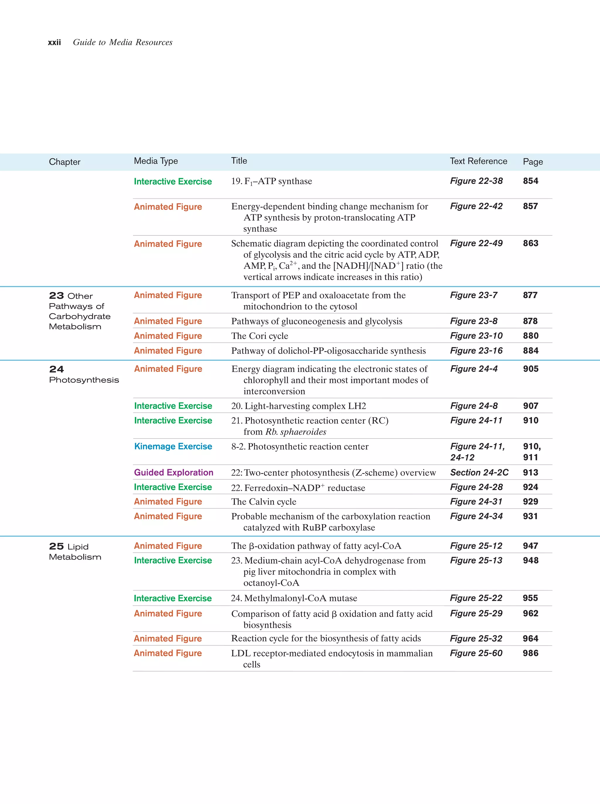 xxii

Guide to Media Resources

Text Reference

Page

19. F1–ATP synthase

Figure 22-38

854

Energy-dependent binding change mechanism for
ATP synthesis by proton-translocating ATP
synthase

Figure 22-42

857

Animated Figure

Schematic diagram depicting the coordinated control Figure 22-49
of glycolysis and the citric acid cycle by ATP, ADP,
AMP, Pi, Ca2ϩ, and the [NADH]/[NADϩ] ratio (the
vertical arrows indicate increases in this ratio)

863

Animated Figure

Transport of PEP and oxaloacetate from the
mitochondrion to the cytosol

Figure 23-7

877

Animated Figure

Pathways of gluconeogenesis and glycolysis

Figure 23-8

878

Animated Figure

The Cori cycle

Figure 23-10

880

Animated Figure

Pathway of dolichol-PP-oligosaccharide synthesis

Figure 23-16

884

Animated Figure

Energy diagram indicating the electronic states of
chlorophyll and their most important modes of
interconversion

Figure 24-4

905

Interactive Exercise

20. Light-harvesting complex LH2

Figure 24-8

907

Interactive Exercise

21. Photosynthetic reaction center (RC)
from Rb. sphaeroides

Figure 24-11

910

Kinemage Exercise

8-2. Photosynthetic reaction center

Figure 24-11,
24-12

910,
911

Guided Exploration

22: Two-center photosynthesis (Z-scheme) overview

Section 24-2C

913

Interactive Exercise

22. Ferredoxin–NADPϩ reductase

Figure 24-28

924

Animated Figure

The Calvin cycle

Figure 24-31

929

Animated Figure

24

Title

Animated Figure

23 Other
Pathways of
Carbohydrate
Metabolism

Media Type
Interactive Exercise

Chapter

Probable mechanism of the carboxylation reaction
catalyzed with RuBP carboxylase

Figure 24-34

931

Animated Figure

The ␤-oxidation pathway of fatty acyl-CoA

Figure 25-12

947

Interactive Exercise

23. Medium-chain acyl-CoA dehydrogenase from
pig liver mitochondria in complex with
octanoyl-CoA

Figure 25-13

948

Interactive Exercise

24. Methylmalonyl-CoA mutase

Figure 25-22

955

Animated Figure

Comparison of fatty acid ␤ oxidation and fatty acid
biosynthesis
Reaction cycle for the biosynthesis of fatty acids

Figure 25-29

962

Figure 25-32

964

Figure 25-60

986

Photosynthesis

25 Lipid
Metabolism

Animated Figure
Animated Figure

LDL receptor-mediated endocytosis in mammalian
cells

 