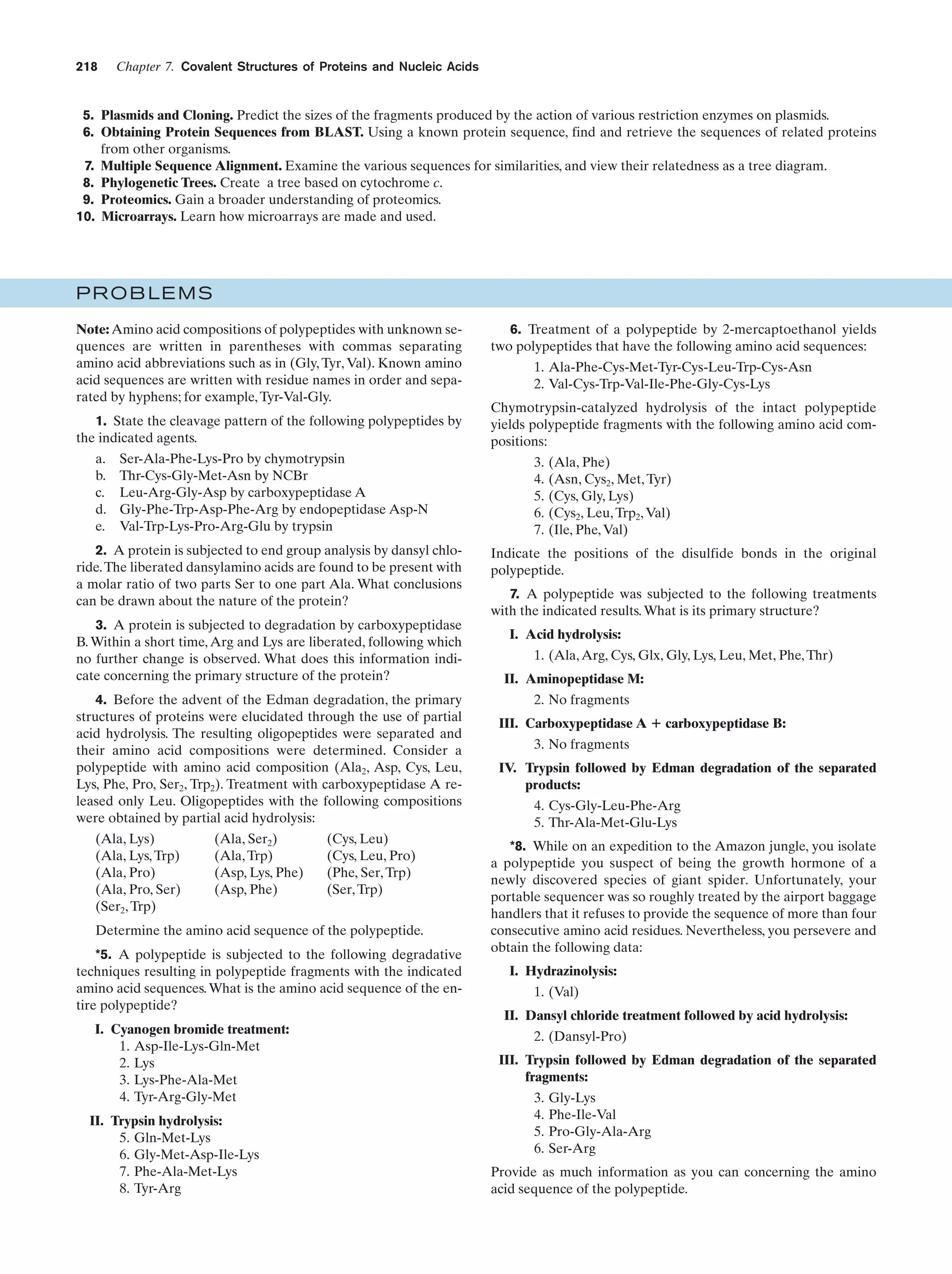218

Chapter 7. Covalent Structures of Proteins and Nucleic Acids

5. Plasmids and Cloning. Predict the sizes of the fragments produced by the action of various restriction enzymes on plasmids.
6. Obtaining Protein Sequences from BLAST. Using a known protein sequence, find and retrieve the sequences of related proteins
from other organisms.
7. Multiple Sequence Alignment. Examine the various sequences for similarities, and view their relatedness as a tree diagram.
8. Phylogenetic Trees. Create a tree based on cytochrome c.
9. Proteomics. Gain a broader understanding of proteomics.
10. Microarrays. Learn how microarrays are made and used.

PROBLEMS
Note: Amino acid compositions of polypeptides with unknown sequences are written in parentheses with commas separating
amino acid abbreviations such as in (Gly, Tyr, Val). Known amino
acid sequences are written with residue names in order and separated by hyphens; for example, Tyr-Val-Gly.
1. State the cleavage pattern of the following polypeptides by
the indicated agents.
a.
b.
c.
d.
e.

Ser-Ala-Phe-Lys-Pro by chymotrypsin
Thr-Cys-Gly-Met-Asn by NCBr
Leu-Arg-Gly-Asp by carboxypeptidase A
Gly-Phe-Trp-Asp-Phe-Arg by endopeptidase Asp-N
Val-Trp-Lys-Pro-Arg-Glu by trypsin

2. A protein is subjected to end group analysis by dansyl chloride. The liberated dansylamino acids are found to be present with
a molar ratio of two parts Ser to one part Ala. What conclusions
can be drawn about the nature of the protein?
3. A protein is subjected to degradation by carboxypeptidase
B. Within a short time, Arg and Lys are liberated, following which
no further change is observed. What does this information indicate concerning the primary structure of the protein?
4. Before the advent of the Edman degradation, the primary
structures of proteins were elucidated through the use of partial
acid hydrolysis. The resulting oligopeptides were separated and
their amino acid compositions were determined. Consider a
polypeptide with amino acid composition (Ala2, Asp, Cys, Leu,
Lys, Phe, Pro, Ser2, Trp2). Treatment with carboxypeptidase A released only Leu. Oligopeptides with the following compositions
were obtained by partial acid hydrolysis:
(Ala, Lys)
(Ala, Lys, Trp)
(Ala, Pro)
(Ala, Pro, Ser)
(Ser2, Trp)

(Ala, Ser2)
(Ala, Trp)
(Asp, Lys, Phe)
(Asp, Phe)

(Cys, Leu)
(Cys, Leu, Pro)
(Phe, Ser, Trp)
(Ser, Trp)

Determine the amino acid sequence of the polypeptide.
*5. A polypeptide is subjected to the following degradative
techniques resulting in polypeptide fragments with the indicated
amino acid sequences. What is the amino acid sequence of the entire polypeptide?
I. Cyanogen bromide treatment:
1. Asp-Ile-Lys-Gln-Met
2. Lys
3. Lys-Phe-Ala-Met
4. Tyr-Arg-Gly-Met
II. Trypsin hydrolysis:
5. Gln-Met-Lys
6. Gly-Met-Asp-Ile-Lys
7. Phe-Ala-Met-Lys
8. Tyr-Arg

6. Treatment of a polypeptide by 2-mercaptoethanol yields
two polypeptides that have the following amino acid sequences:
1. Ala-Phe-Cys-Met-Tyr-Cys-Leu-Trp-Cys-Asn
2. Val-Cys-Trp-Val-Ile-Phe-Gly-Cys-Lys
Chymotrypsin-catalyzed hydrolysis of the intact polypeptide
yields polypeptide fragments with the following amino acid compositions:
3.
4.
5.
6.
7.

(Ala, Phe)
(Asn, Cys2, Met, Tyr)
(Cys, Gly, Lys)
(Cys2, Leu, Trp2, Val)
(Ile, Phe, Val)

Indicate the positions of the disulfide bonds in the original
polypeptide.
7. A polypeptide was subjected to the following treatments
with the indicated results. What is its primary structure?
I. Acid hydrolysis:
1. (Ala, Arg, Cys, Glx, Gly, Lys, Leu, Met, Phe, Thr)
II. Aminopeptidase M:
2. No fragments
III. Carboxypeptidase A ϩ carboxypeptidase B:
3. No fragments
IV. Trypsin followed by Edman degradation of the separated
products:
4. Cys-Gly-Leu-Phe-Arg
5. Thr-Ala-Met-Glu-Lys
*8. While on an expedition to the Amazon jungle, you isolate
a polypeptide you suspect of being the growth hormone of a
newly discovered species of giant spider. Unfortunately, your
portable sequencer was so roughly treated by the airport baggage
handlers that it refuses to provide the sequence of more than four
consecutive amino acid residues. Nevertheless, you persevere and
obtain the following data:
I. Hydrazinolysis:
1. (Val)
II. Dansyl chloride treatment followed by acid hydrolysis:
2. (Dansyl-Pro)
III. Trypsin followed by Edman degradation of the separated
fragments:
3.
4.
5.
6.

Gly-Lys
Phe-Ile-Val
Pro-Gly-Ala-Arg
Ser-Arg

Provide as much information as you can concerning the amino
acid sequence of the polypeptide.

 