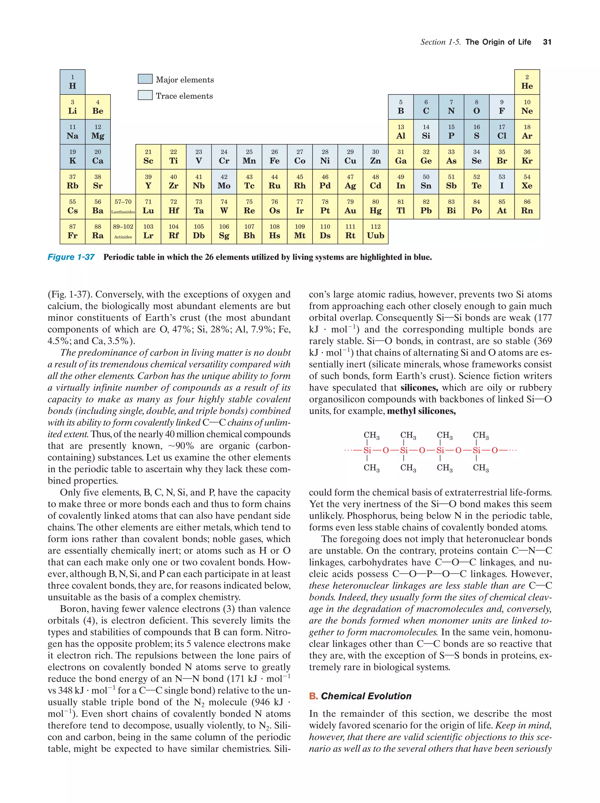 Section 1-5. The Origin of Life

1

2

Major elements

H
3

Li

He

Trace elements

4

31

Be

5

6

7

8

9

10

B

C

N

O

F

Ne

11

12

13

14

15

16

17

18

Na

Mg

Al

Si

P

S

Cl

Ar

19

20

21

22

23

24

25

26

27

28

29

30

31

32

33

34

35

36

K

Ca

Sc

Ti

V

Cr

Mn

Fe

Co

Ni

Cu

Zn

Ga

Ge

As

Se

Br

Kr

37

38

39

40

41

42

43

44

45

46

47

48

49

50

51

52

53

54

Rb

Sr

Y

Zr

Nb

Mo

Tc

Ru

Rh

Pd

Ag

Cd

In

Sn

Sb

Te

I

Xe

55

56

57–70

71

72

73

74

75

76

77

78

79

80

81

82

83

84

85

86

Cs

Ba

Lanthanides

Lu

Hf

Ta

W

Re

Os

Ir

Pt

Au

Hg

Tl

Pb

Bi

Po

At

Rn

87

88

89–102

103

104

105

106

107

108

109

110

111

112

Fr

Ra

Actinides

Lr

Rf

Db

Sg

Bh

Hs

Mt

Ds

Rt

Uub

Figure 1-37 Periodic table in which the 26 elements utilized by living systems are highlighted in blue.

(Fig. 1-37). Conversely, with the exceptions of oxygen and
calcium, the biologically most abundant elements are but
minor constituents of Earth’s crust (the most abundant
components of which are O, 47%; Si, 28%; Al, 7.9%; Fe,
4.5%; and Ca, 3.5%).
The predominance of carbon in living matter is no doubt
a result of its tremendous chemical versatility compared with
all the other elements. Carbon has the unique ability to form
a virtually infinite number of compounds as a result of its
capacity to make as many as four highly stable covalent
bonds (including single, double, and triple bonds) combined
with its ability to form covalently linked C¬C chains of unlimited extent. Thus, of the nearly 40 million chemical compounds
that are presently known, ϳ90% are organic (carboncontaining) substances. Let us examine the other elements
in the periodic table to ascertain why they lack these combined properties.
Only five elements, B, C, N, Si, and P, have the capacity
to make three or more bonds each and thus to form chains
of covalently linked atoms that can also have pendant side
chains. The other elements are either metals, which tend to
form ions rather than covalent bonds; noble gases, which
are essentially chemically inert; or atoms such as H or O
that can each make only one or two covalent bonds. However, although B, N, Si, and P can each participate in at least
three covalent bonds, they are, for reasons indicated below,
unsuitable as the basis of a complex chemistry.
Boron, having fewer valence electrons (3) than valence
orbitals (4), is electron deficient. This severely limits the
types and stabilities of compounds that B can form. Nitrogen has the opposite problem; its 5 valence electrons make
it electron rich. The repulsions between the lone pairs of
electrons on covalently bonded N atoms serve to greatly
reduce the bond energy of an N¬N bond (171 kJ и molϪ1
vs 348 kJ и molϪ1 for a C¬C single bond) relative to the unusually stable triple bond of the N2 molecule (946 kJ и
molϪ1). Even short chains of covalently bonded N atoms
therefore tend to decompose, usually violently, to N2. Silicon and carbon, being in the same column of the periodic
table, might be expected to have similar chemistries. Sili-

con’s large atomic radius, however, prevents two Si atoms
from approaching each other closely enough to gain much
orbital overlap. Consequently Si¬Si bonds are weak (177
kJ и molϪ1) and the corresponding multiple bonds are
rarely stable. Si¬O bonds, in contrast, are so stable (369
kJ и molϪ1) that chains of alternating Si and O atoms are essentially inert (silicate minerals, whose frameworks consist
of such bonds, form Earth’s crust). Science fiction writers
have speculated that silicones, which are oily or rubbery
organosilicon compounds with backbones of linked Si¬O
units, for example, methyl silicones,
CH3

Si
CH3

CH3

O

Si
CH3

CH3

O

Si
CH3

CH3

O

Si

O

CH3

could form the chemical basis of extraterrestrial life-forms.
Yet the very inertness of the Si¬O bond makes this seem
unlikely. Phosphorus, being below N in the periodic table,
forms even less stable chains of covalently bonded atoms.
The foregoing does not imply that heteronuclear bonds
are unstable. On the contrary, proteins contain C¬N¬C
linkages, carbohydrates have C¬O¬C linkages, and nucleic acids possess C¬O¬P¬O¬C linkages. However,
these heteronuclear linkages are less stable than are C¬C
bonds. Indeed, they usually form the sites of chemical cleavage in the degradation of macromolecules and, conversely,
are the bonds formed when monomer units are linked together to form macromolecules. In the same vein, homonuclear linkages other than C¬C bonds are so reactive that
they are, with the exception of S¬S bonds in proteins, extremely rare in biological systems.
B. Chemical Evolution
In the remainder of this section, we describe the most
widely favored scenario for the origin of life. Keep in mind,
however, that there are valid scientific objections to this scenario as well as to the several others that have been seriously

 