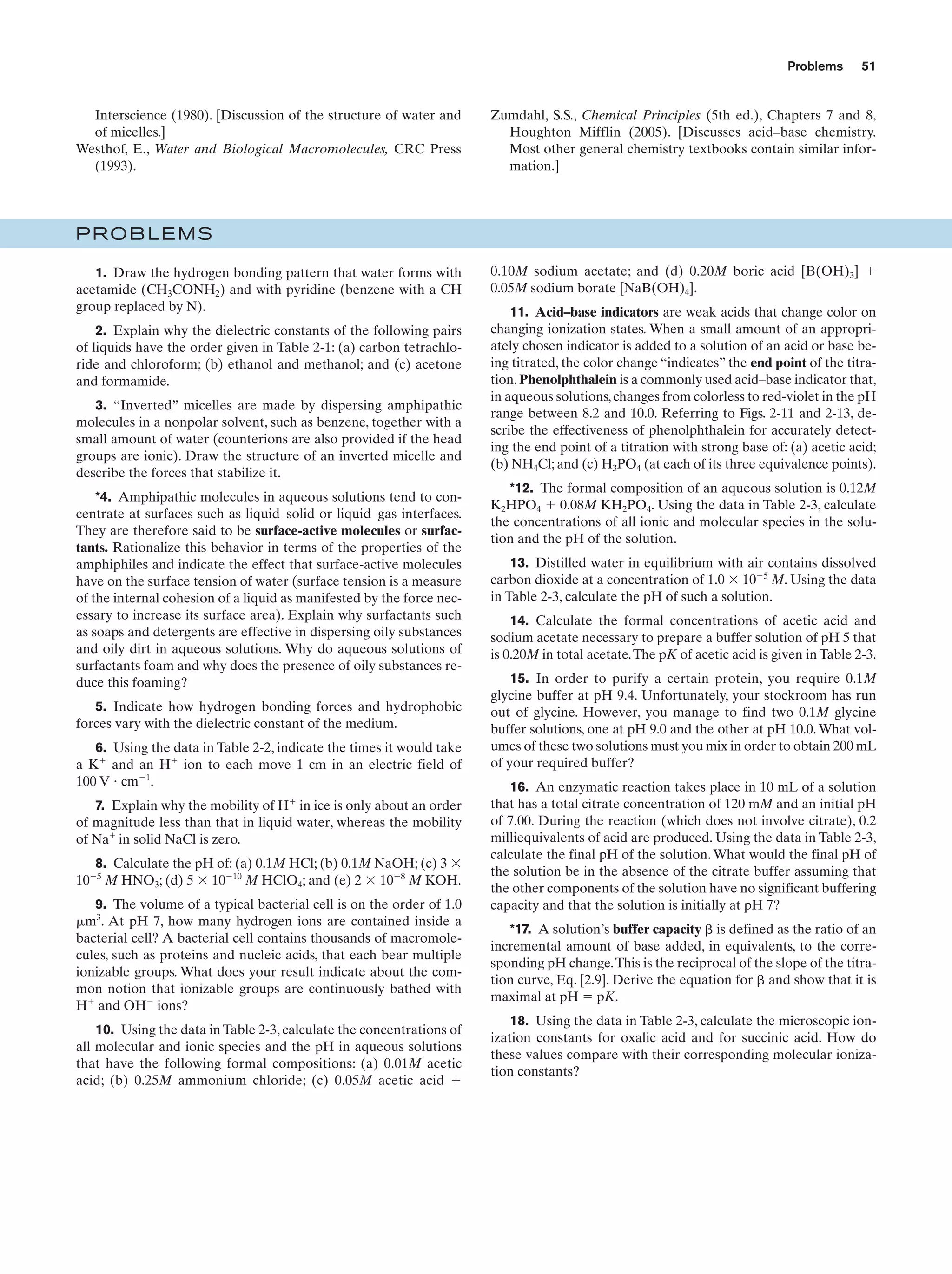 Problems

Interscience (1980). [Discussion of the structure of water and
of micelles.]
Westhof, E., Water and Biological Macromolecules, CRC Press
(1993).

51

Zumdahl, S.S., Chemical Principles (5th ed.), Chapters 7 and 8,
Houghton Mifflin (2005). [Discusses acid–base chemistry.
Most other general chemistry textbooks contain similar information.]

PROBLEMS
1. Draw the hydrogen bonding pattern that water forms with
acetamide (CH3CONH2) and with pyridine (benzene with a CH
group replaced by N).
2. Explain why the dielectric constants of the following pairs
of liquids have the order given in Table 2-1: (a) carbon tetrachloride and chloroform; (b) ethanol and methanol; and (c) acetone
and formamide.
3. “Inverted” micelles are made by dispersing amphipathic
molecules in a nonpolar solvent, such as benzene, together with a
small amount of water (counterions are also provided if the head
groups are ionic). Draw the structure of an inverted micelle and
describe the forces that stabilize it.
*4. Amphipathic molecules in aqueous solutions tend to concentrate at surfaces such as liquid–solid or liquid–gas interfaces.
They are therefore said to be surface-active molecules or surfactants. Rationalize this behavior in terms of the properties of the
amphiphiles and indicate the effect that surface-active molecules
have on the surface tension of water (surface tension is a measure
of the internal cohesion of a liquid as manifested by the force necessary to increase its surface area). Explain why surfactants such
as soaps and detergents are effective in dispersing oily substances
and oily dirt in aqueous solutions. Why do aqueous solutions of
surfactants foam and why does the presence of oily substances reduce this foaming?
5. Indicate how hydrogen bonding forces and hydrophobic
forces vary with the dielectric constant of the medium.
6. Using the data in Table 2-2, indicate the times it would take
a Kϩ and an Hϩ ion to each move 1 cm in an electric field of
100 V и cmϪ1.
7. Explain why the mobility of Hϩ in ice is only about an order
of magnitude less than that in liquid water, whereas the mobility
of Naϩ in solid NaCl is zero.
8. Calculate the pH of: (a) 0.1M HCl; (b) 0.1M NaOH; (c) 3 ϫ
10Ϫ5 M HNO3; (d) 5 ϫ 10Ϫ10 M HClO4; and (e) 2 ϫ 10Ϫ8 M KOH.
9. The volume of a typical bacterial cell is on the order of 1.0
␮m3. At pH 7, how many hydrogen ions are contained inside a
bacterial cell? A bacterial cell contains thousands of macromolecules, such as proteins and nucleic acids, that each bear multiple
ionizable groups. What does your result indicate about the common notion that ionizable groups are continuously bathed with
Hϩ and OHϪ ions?
10. Using the data in Table 2-3, calculate the concentrations of
all molecular and ionic species and the pH in aqueous solutions
that have the following formal compositions: (a) 0.01M acetic
acid; (b) 0.25M ammonium chloride; (c) 0.05M acetic acid ϩ

0.10M sodium acetate; and (d) 0.20M boric acid [B(OH)3] ϩ
0.05M sodium borate [NaB(OH)4].
11. Acid–base indicators are weak acids that change color on
changing ionization states. When a small amount of an appropriately chosen indicator is added to a solution of an acid or base being titrated, the color change “indicates” the end point of the titration. Phenolphthalein is a commonly used acid–base indicator that,
in aqueous solutions, changes from colorless to red-violet in the pH
range between 8.2 and 10.0. Referring to Figs. 2-11 and 2-13, describe the effectiveness of phenolphthalein for accurately detecting the end point of a titration with strong base of: (a) acetic acid;
(b) NH4Cl; and (c) H3PO4 (at each of its three equivalence points).
*12. The formal composition of an aqueous solution is 0.12M
K2HPO4 ϩ 0.08M KH2PO4. Using the data in Table 2-3, calculate
the concentrations of all ionic and molecular species in the solution and the pH of the solution.
13. Distilled water in equilibrium with air contains dissolved
carbon dioxide at a concentration of 1.0 ϫ 10Ϫ5 M. Using the data
in Table 2-3, calculate the pH of such a solution.
14. Calculate the formal concentrations of acetic acid and
sodium acetate necessary to prepare a buffer solution of pH 5 that
is 0.20M in total acetate. The pK of acetic acid is given in Table 2-3.
15. In order to purify a certain protein, you require 0.1M
glycine buffer at pH 9.4. Unfortunately, your stockroom has run
out of glycine. However, you manage to find two 0.1M glycine
buffer solutions, one at pH 9.0 and the other at pH 10.0. What volumes of these two solutions must you mix in order to obtain 200 mL
of your required buffer?
16. An enzymatic reaction takes place in 10 mL of a solution
that has a total citrate concentration of 120 mM and an initial pH
of 7.00. During the reaction (which does not involve citrate), 0.2
milliequivalents of acid are produced. Using the data in Table 2-3,
calculate the final pH of the solution. What would the final pH of
the solution be in the absence of the citrate buffer assuming that
the other components of the solution have no significant buffering
capacity and that the solution is initially at pH 7?
*17. A solution’s buffer capacity ␤ is defined as the ratio of an
incremental amount of base added, in equivalents, to the corresponding pH change.This is the reciprocal of the slope of the titration curve, Eq. [2.9]. Derive the equation for ␤ and show that it is
maximal at pH ϭ pK.
18. Using the data in Table 2-3, calculate the microscopic ionization constants for oxalic acid and for succinic acid. How do
these values compare with their corresponding molecular ionization constants?

 