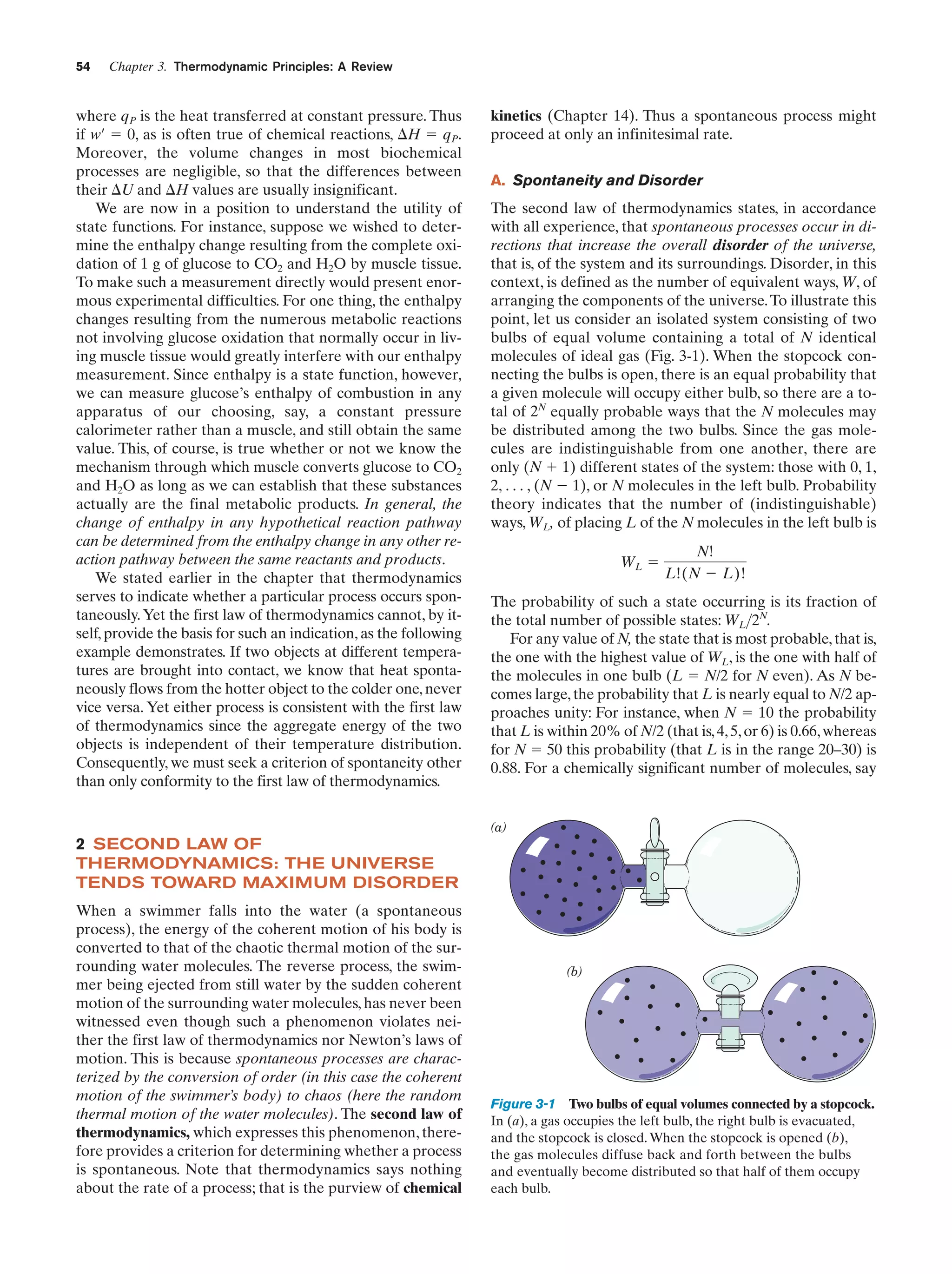 54

Chapter 3. Thermodynamic Principles: A Review

where qP is the heat transferred at constant pressure. Thus
if w¿ ϭ 0, as is often true of chemical reactions, ⌬H ϭ qP.
Moreover, the volume changes in most biochemical
processes are negligible, so that the differences between
their ⌬U and ⌬H values are usually insignificant.
We are now in a position to understand the utility of
state functions. For instance, suppose we wished to determine the enthalpy change resulting from the complete oxidation of 1 g of glucose to CO2 and H2O by muscle tissue.
To make such a measurement directly would present enormous experimental difficulties. For one thing, the enthalpy
changes resulting from the numerous metabolic reactions
not involving glucose oxidation that normally occur in living muscle tissue would greatly interfere with our enthalpy
measurement. Since enthalpy is a state function, however,
we can measure glucose’s enthalpy of combustion in any
apparatus of our choosing, say, a constant pressure
calorimeter rather than a muscle, and still obtain the same
value. This, of course, is true whether or not we know the
mechanism through which muscle converts glucose to CO2
and H2O as long as we can establish that these substances
actually are the final metabolic products. In general, the
change of enthalpy in any hypothetical reaction pathway
can be determined from the enthalpy change in any other reaction pathway between the same reactants and products.
We stated earlier in the chapter that thermodynamics
serves to indicate whether a particular process occurs spontaneously. Yet the first law of thermodynamics cannot, by itself, provide the basis for such an indication, as the following
example demonstrates. If two objects at different temperatures are brought into contact, we know that heat spontaneously flows from the hotter object to the colder one, never
vice versa. Yet either process is consistent with the first law
of thermodynamics since the aggregate energy of the two
objects is independent of their temperature distribution.
Consequently, we must seek a criterion of spontaneity other
than only conformity to the first law of thermodynamics.

kinetics (Chapter 14). Thus a spontaneous process might
proceed at only an infinitesimal rate.
A. Spontaneity and Disorder
The second law of thermodynamics states, in accordance
with all experience, that spontaneous processes occur in directions that increase the overall disorder of the universe,
that is, of the system and its surroundings. Disorder, in this
context, is defined as the number of equivalent ways, W, of
arranging the components of the universe. To illustrate this
point, let us consider an isolated system consisting of two
bulbs of equal volume containing a total of N identical
molecules of ideal gas (Fig. 3-1). When the stopcock connecting the bulbs is open, there is an equal probability that
a given molecule will occupy either bulb, so there are a total of 2N equally probable ways that the N molecules may
be distributed among the two bulbs. Since the gas molecules are indistinguishable from one another, there are
only (N ϩ 1) different states of the system: those with 0, 1,
2, . . . , (N Ϫ 1), or N molecules in the left bulb. Probability
theory indicates that the number of (indistinguishable)
ways, WL, of placing L of the N molecules in the left bulb is
WL ϭ

N!
L!(N Ϫ L)!

The probability of such a state occurring is its fraction of
the total number of possible states: WL>2N.
For any value of N, the state that is most probable, that is,
the one with the highest value of WL, is the one with half of
the molecules in one bulb (L ϭ N/2 for N even). As N becomes large, the probability that L is nearly equal to N/2 approaches unity: For instance, when N ϭ 10 the probability
that L is within 20% of N/2 (that is, 4, 5, or 6) is 0.66, whereas
for N ϭ 50 this probability (that L is in the range 20–30) is
0.88. For a chemically significant number of molecules, say

(a)

2 SECOND LAW OF
THERMODYNAMICS: THE UNIVERSE
TENDS TOWARD MAXIMUM DISORDER
When a swimmer falls into the water (a spontaneous
process), the energy of the coherent motion of his body is
converted to that of the chaotic thermal motion of the surrounding water molecules. The reverse process, the swimmer being ejected from still water by the sudden coherent
motion of the surrounding water molecules, has never been
witnessed even though such a phenomenon violates neither the first law of thermodynamics nor Newton’s laws of
motion. This is because spontaneous processes are characterized by the conversion of order (in this case the coherent
motion of the swimmer’s body) to chaos (here the random
thermal motion of the water molecules). The second law of
thermodynamics, which expresses this phenomenon, therefore provides a criterion for determining whether a process
is spontaneous. Note that thermodynamics says nothing
about the rate of a process; that is the purview of chemical

(b)

Figure 3-1 Two bulbs of equal volumes connected by a stopcock.
In (a), a gas occupies the left bulb, the right bulb is evacuated,
and the stopcock is closed. When the stopcock is opened (b),
the gas molecules diffuse back and forth between the bulbs
and eventually become distributed so that half of them occupy
each bulb.

 