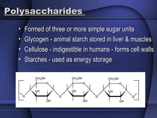 PolysaccharidesPolysaccharides
• Formed of three or more simple sugar unitsFormed of three or more simple sugar units
• Glycogen - animal starch stored in liver & musclesGlycogen - animal starch stored in liver & muscles
• Cellulose - indigestible in humans - forms cell wallsCellulose - indigestible in humans - forms cell walls
• Starches - used as energy storageStarches - used as energy storage
 