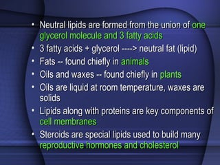 • Neutral lipids are formed from the union ofNeutral lipids are formed from the union of oneone
glycerol molecule and 3 fatty acidsglycerol molecule and 3 fatty acids
• 3 fatty acids + glycerol ----> neutral fat (lipid)3 fatty acids + glycerol ----> neutral fat (lipid)
• Fats -- found chiefly inFats -- found chiefly in animalsanimals
• Oils and waxes -- found chiefly inOils and waxes -- found chiefly in plantsplants
• Oils are liquid at room temperature, waxes areOils are liquid at room temperature, waxes are
solidssolids
• Lipids along with proteins are key components ofLipids along with proteins are key components of
cell membranescell membranes
• Steroids are special lipids used to build manySteroids are special lipids used to build many
reproductive hormones and cholesterolreproductive hormones and cholesterol
 