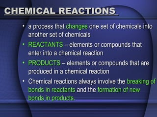CHEMICAL REACTIONSCHEMICAL REACTIONS
• a process thata process that changeschanges one set of chemicals intoone set of chemicals into
another set of chemicalsanother set of chemicals
• REACTANTSREACTANTS – elements or compounds that– elements or compounds that
enter into a chemical reactionenter into a chemical reaction
• PRODUCTSPRODUCTS – elements or compounds that are– elements or compounds that are
produced in a chemical reactionproduced in a chemical reaction
• Chemical reactions always involve theChemical reactions always involve the breaking ofbreaking of
bonds in reactantsbonds in reactants and theand the formation of newformation of new
bonds in products.bonds in products.
 