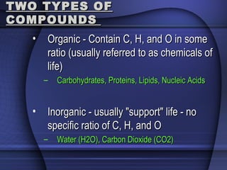 TWO TYPES OFTWO TYPES OF
COMPOUNDSCOMPOUNDS
• Organic - Contain C, H, and O in someOrganic - Contain C, H, and O in some
ratio (usually referred to as chemicals ofratio (usually referred to as chemicals of
life)life)
– Carbohydrates, Proteins, Lipids, Nucleic AcidsCarbohydrates, Proteins, Lipids, Nucleic Acids
• Inorganic - usually "support" life - noInorganic - usually "support" life - no
specific ratio of C, H, and Ospecific ratio of C, H, and O
– Water (H2O), Carbon Dioxide (CO2)Water (H2O), Carbon Dioxide (CO2)
 
