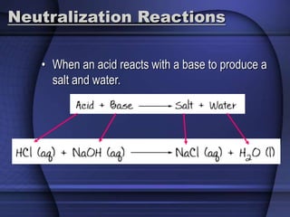 Neutralization Reactions 
• When an acid reacts with a base to produce a 
salt and water. 
 