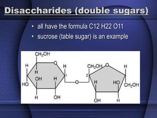 Disaccharides (double sugars) 
• all have the formula C12 H22 O11 
• sucrose (table sugar) is an example 
 