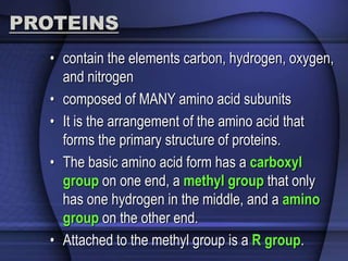PROTEINS 
• contain the elements carbon, hydrogen, oxygen, 
and nitrogen 
• composed of MANY amino acid subunits 
• It is the arrangement of the amino acid that 
forms the primary structure of proteins. 
• The basic amino acid form has a carboxyl 
group on one end, a methyl group that only 
has one hydrogen in the middle, and a amino 
group on the other end. 
• Attached to the methyl group is a R group. 
 