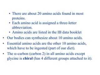 • There are about 20 amino acids found in most
proteins.
• Each amino acid is assigned a three-letter
abbreviation.
• Amino acids are listed in the IB data booklet
• Our bodies can synthesize about 10 amino acids.
• Essential amino acids are the other 10 amino acids,
which have to be ingested (part of our diet).
• The -carbon (carbon 2) in all amino acids except
glycine is chiral (has 4 different groups attached to it).
 