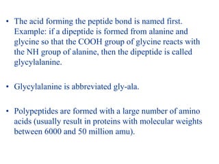 • The acid forming the peptide bond is named first.
Example: if a dipeptide is formed from alanine and
glycine so that the COOH group of glycine reacts with
the NH group of alanine, then the dipeptide is called
glycylalanine.
• Glycylalanine is abbreviated gly-ala.
• Polypeptides are formed with a large number of amino
acids (usually result in proteins with molecular weights
between 6000 and 50 million amu).
 