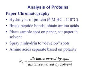 Analysis of Proteins
Paper Chromatography
• Hydrolysis of protein (6 M HCl, 110°C)
• Break peptide bonds, obtain amino acids
• Place sample spot on paper, set paper in
solvent
• Spray ninhydrin to “develop” spots
• Amino acids separate based on polarity
solventbymovedcedis
spotbymovedcedis
Rf
tan
tan

 