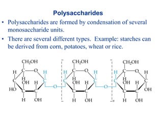 Polysaccharides
• Polysaccharides are formed by condensation of several
monosaccharide units.
• There are several different types. Example: starches can
be derived from corn, potatoes, wheat or rice.
 
