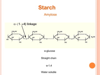 Starch
Amylose
α-glucose
Straight chain
α-1,4
Water soluble
 