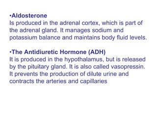 •Aldosterone
Is produced in the adrenal cortex, which is part of
the adrenal gland. It manages sodium and
potassium balance and maintains body fluid levels.
•The Antidiuretic Hormone (ADH)
It is produced in the hypothalamus, but is released
by the pituitary gland. It is also called vasopressin.
It prevents the production of dilute urine and
contracts the arteries and capillaries
 