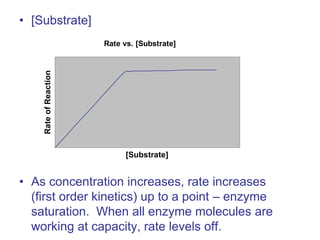 • [Substrate]
• As concentration increases, rate increases
(first order kinetics) up to a point – enzyme
saturation. When all enzyme molecules are
working at capacity, rate levels off.
Rate vs. [Substrate]
[Substrate]
RateofReaction
 