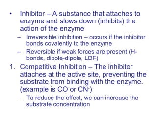 • Inhibitor – A substance that attaches to
enzyme and slows down (inhibits) the
action of the enzyme
– Irreversible inhibition – occurs if the inhibitor
bonds covalently to the enzyme
– Reversible if weak forces are present (H-
bonds, dipole-dipole, LDF)
1. Competitive Inhibition – The inhibitor
attaches at the active site, preventing the
substrate from binding with the enzyme.
(example is CO or CN-)
– To reduce the effect, we can increase the
substrate concentration
 