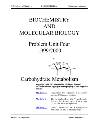 SIU School of Medicine BIOCHEMISTRY Carbohydrate Metabolism
Faculty: E.C. Niederhoffer Problem Unit 4 - Page 1
BIOCHEMISTRY
AND
MOLECULAR BIOLOGY
Problem Unit Four
1999/2000
Carbohydrate Metabolism
Copyright 1999, E.C. Niederhoffer. All Rights Reserved.
All trademarks and copyrights are the property of their respective
owners.
Module 1: Glycolysis, Glycogenesis, Glycogenol-
ysis and Gluconeogenesis
Module 2: The Mitochondria, the Tricarboxylic
Cycle, the Respiratory Chain, and
Oxidative Phosphorylation
Module 3: Other Pathways of Carbohydrate
Metabolism and Abnormalities
O
H
HO
H
HO
H
OH
OHH
CH2OH
H
 