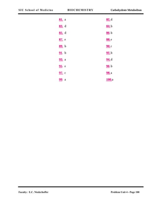SIU School of Medicine BIOCHEMISTRY Carbohydrate Metabolism
Faculty: E.C. Niederhoffer Problem Unit 4 - Page 100
81. a 82.d
83. d 84.b
85. d 86.b
87. e 88.e
89. b 90.c
91. b 92.b
93. a 94.d
95. e 96.b
97. c 98.a
99. a 100.a
 