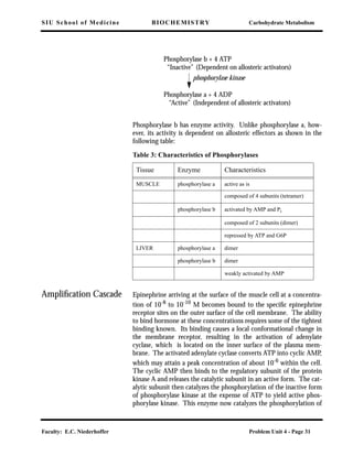 SIU School of Medicine BIOCHEMISTRY Carbohydrate Metabolism
Faculty: E.C. Niederhoffer Problem Unit 4 - Page 31
Phosphorylase b has enzyme activity. Unlike phosphorylase a, how-
ever, its activity is dependent on allosteric effectors as shown in the
following table:
Ampliﬁcation Cascade Epinephrine arriving at the surface of the muscle cell at a concentra-
tion of 10-8 to 10-10 M becomes bound to the speciﬁc epinephrine
receptor sites on the outer surface of the cell membrane. The ability
to bind hormone at these concentrations requires some of the tightest
binding known. Its binding causes a local conformational change in
the membrane receptor, resulting in the activation of adenylate
cyclase, which is located on the inner surface of the plasma mem-
brane. The activated adenylate cyclase converts ATP into cyclic AMP,
which may attain a peak concentration of about 10-6 within the cell.
The cyclic AMP then binds to the regulatory subunit of the protein
kinase A and releases the catalytic subunit in an active form. The cat-
alytic subunit then catalyzes the phosphorylation of the inactive form
of phosphorylase kinase at the expense of ATP to yield active phos-
phorylase kinase. This enzyme now catalyzes the phosphorylation of
Table 3: Characteristics of Phosphorylases
Tissue Enzyme Characteristics
MUSCLE phosphorylase a active as is
composed of 4 subunits (tetramer)
phosphorylase b activated by AMP and Pi
composed of 2 subunits (dimer)
repressed by ATP and G6P
LIVER phosphorylase a dimer
phosphorylase b dimer
weakly activated by AMP
Phosphorylase b + 4 ATP
“Inactive” (Dependent on allosteric activators)
phosphorylase kinase
Phosphorylase a + 4 ADP
“Active” (Independent of allosteric activators)
 