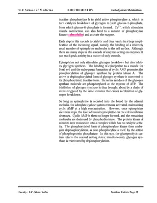 SIU School of Medicine BIOCHEMISTRY Carbohydrate Metabolism
Faculty: E.C. Niederhoffer Problem Unit 4 - Page 32
inactive phosphorylase b to yield active phosphorylase a, which in
turn catalyzes breakdown of glycogen to yield glucose-1-phosphate,
from which glucose-6-phosphate is formed. Ca2+
, which stimulates
muscle contraction, can also bind to a subunit of phosphorylase
kinase (calmodulin) and activate the enzyme.
Each step in this cascade is catalytic and thus results in a large ampli-
ﬁcation of the incoming signal, namely, the binding of a relatively
small number of epinephrine molecules to the cell surface. Although
there are many steps in this cascade of enzymes acting on enzymes, it
can reach peak activity in a matter of only seconds.
Epinephrine not only stimulates glycogen breakdown but also inhib-
its glycogen synthesis. The binding of epinephrine to a muscle (or
liver) cell and the subsequent formation of cyclic AMP promotes the
phosphorylation of glycogen synthase by protein kinase A. The
active or dephosphorylated form of glycogen synthase is converted to
its phosphorylated, inactive form. Six serine residues of the glycogen
synthase molecule are phosphorylated at the expense of ATP. The
inhibition of glycogen synthase is thus brought about by a chain of
events triggered by the same stimulus that causes acceleration of gly-
cogen breakdown.
So long as epinephrine is secreted into the blood by the adrenal
medulla, the adenylate cyclase system remains activated, maintaining
cyclic AMP at a high concentration. However, once epinephrine
secretion stops, the level of bound epinephrine on the cell membrane
decreases. Cyclic AMP is then no longer formed, and the remaining
molecules are destroyed by phosphodiesterase. The protein kinase A
subunits now reassociate into a complex which has no catalytic activ-
ity. The phosphorylated form of phosphorylase kinase then under-
goes dephosphorylation, as does phosphorylase a itself, by the action
of phosphoprotein phosphatase. In this way, the glycogenolytic sys-
tem returns the normal resting states; simultaneously, glycogen syn-
thase is reactivated by dephosphorylation.
 