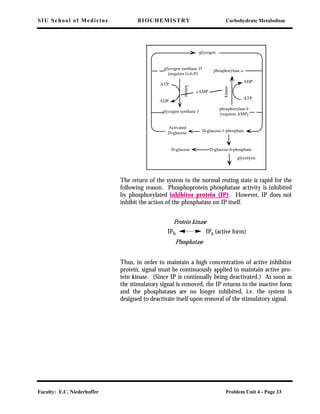 SIU School of Medicine BIOCHEMISTRY Carbohydrate Metabolism
Faculty: E.C. Niederhoffer Problem Unit 4 - Page 33
The return of the system to the normal resting state is rapid for the
following reason. Phosphoprotein phosphatase activity is inhibited
by phosphorylated inhibitor protein (IP). However, IP does not
inhibit the action of the phosphatase on IP itself.
Thus, in order to maintain a high concentration of active inhibitor
protein, signal must be continuously applied to maintain active pro-
tein kinase. (Since IP is continually being deactivated.) As soon as
the stimulatory signal is removed, the IP returns to the inactive form
and the phosphatases are no longer inhibited, i.e. the system is
designed to deactivate itself upon removal of the stimulatory signal.
glycogen
D-glucose-1-phosphate
phosphorylase a
glycolysis
kinase
Activated
D-glucose
D-glucose
cAMP
kinase
ATP
ADP
ATP
ADP
glycogen synthase D
(requires G-6-P)
D-glucose-6-phosphate
phosphorylase b
(requires AMP)
glycogen synthase I
Protein kinase
IPb IPa (active form)
Phosphatase
 