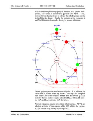 SIU School of Medicine BIOCHEMISTRY Carbohydrate Metabolism
Faculty: E.C. Niederhoffer Problem Unit 4 - Page 42
inactive until the phosphoryl group is removed by a speciﬁc phos-
phatase. The kinase is inhibited by pyruvate and ADP. Thus,
increased levels of pyruvate act to activate the dehydrogenase activity
by inhibiting the kinase. Finally, the products, acetyl coenzyme A
and NADH inhibit the complex directly by product inhibition.
Citrate synthase provides another control point. It is inhibited by
citrate and to a lesser extent by NADH. Succinyl-CoA competes
with acetyl-CoA for the enzyme. Please note that Devlin (p. 233)
indicates that the puriﬁed enzyme is inhibited by ATP, NADH, succi-
nyl-CoA, and long-chain acyl-CoA derivatives.
Another regulatory enzyme is isocitrate dehydrogenase. ADP is an
allosteric activator of this enzyme, while ATP inhibits the enzyme.
NADH inhibits it by directly displacing NAD+
.
pyruvate
Ca2+
citrate
isocitrate
αααα-ketoglutarate
Ca2+
,
ADP
Ca2+
succinyl-CoA
succinate
fumarate
malate
oxaloacetate
NADH
GTP
ATP
acetyl-CoA
 
