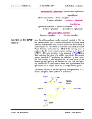 SIU School of Medicine BIOCHEMISTRY Carbohydrate Metabolism
Faculty: E.C. Niederhoffer Problem Unit 4 - Page 62
sedoheptulose-7-phosphate + glyceraldehyde-3-phosphate
transaldolase
xylulose-5-phosphate + ribose-5-phosphate ⇔
fructose-6-phosphate + erythrose-4-phosphate
transketolase
erythrose-4-phosphate + xylulose-5-phosphate ⇔
fructose-6-phosphate + glyceraldehyde-3-phosphate
glucose phosphate isomerase
fructose-6-phosphate ⇔ glucose-6-phosphate
Function of the HMP
Pathway
Note that although glucose can be completely oxidized to CO2 via
this pathway, there is no ATP production anywhere! Reducing power
is needed in the body for more that ATP production. For example, it
is necessary for the biosynthesis of molecules such as fatty acids and
steroid hormones (adrenal cortex). Most of this reducing power is
produced by the hexose monophosphate pathway in the form of
NADPH. The extra phosphate on the structure of NADPH is a
“ﬂag” indicating that this is to be used for biosynthesis. This permits
separate control of ATP production and anabolism. In some tissues,
the HMP pathway is more signiﬁcant for the oxidation of glucose
than the glycolytic pathway and the citric acid cycle. The HMP path-
way is most active in those tissues in which there is greatest fatty acid
synthesis such as in adipose tissues and lactating mammary glands.
A secondary function of the HMP pathway is the production of D-
ribose-5-phosphate for the synthesis of nucleotides.
glucose
G6P
F6P
GAP
pyruvate
Ru5P
Xu5P R5P
CO2 NADPH
Nucleotides
NADH
ATP
glycolysis
pentose
phosphate
pathway
 